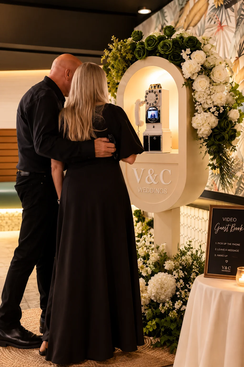 Couple embracing beside the video guest book