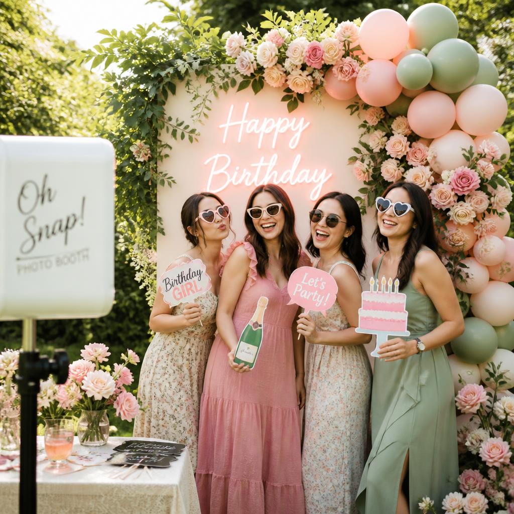 Outdoor garden birthday party photo booth setup