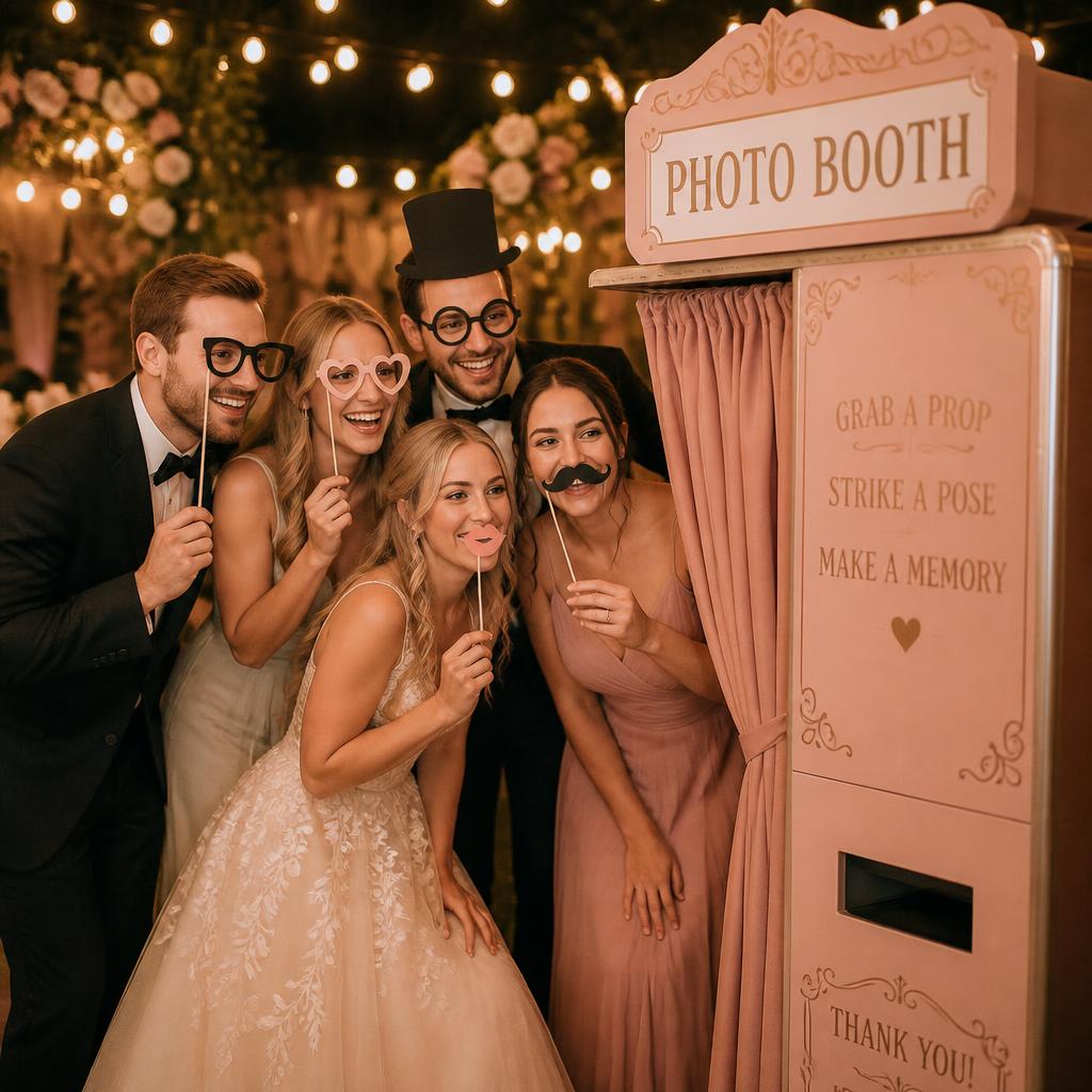 Guests enjoying a vintage photo booth at a wedding reception