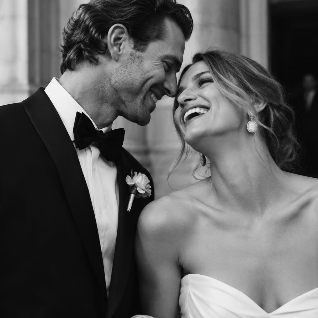 Black and white portrait of a laughing couple