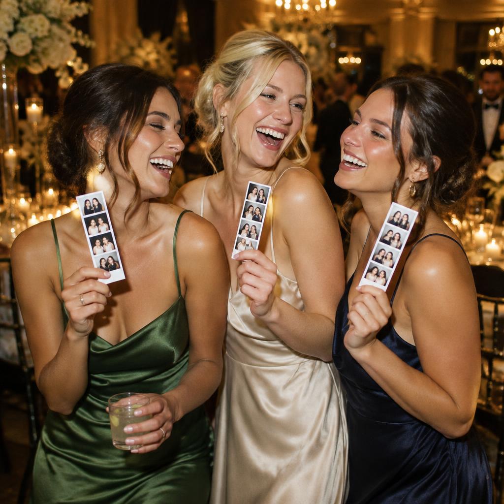 Wedding guests laughing together at the booth