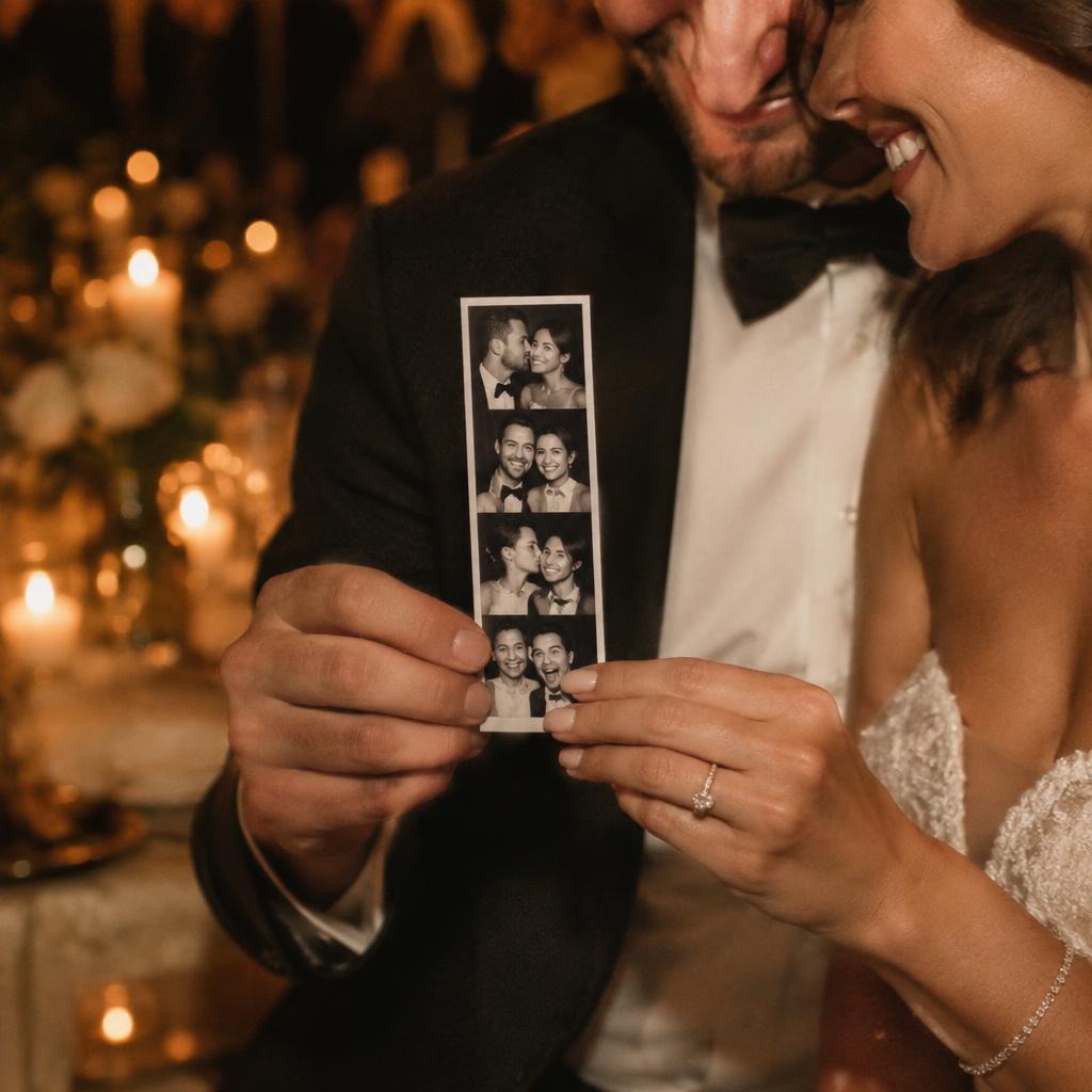 Couple posing in personalised photo booth print strips