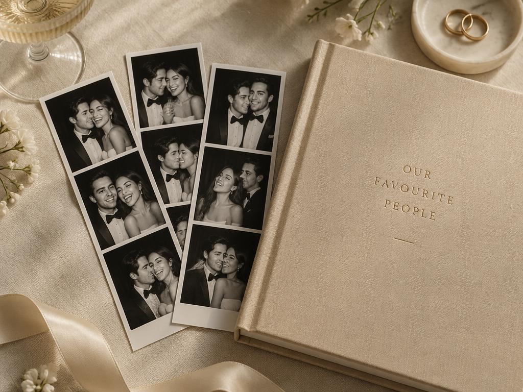 Photo booth prints beside a wedding keepsake album